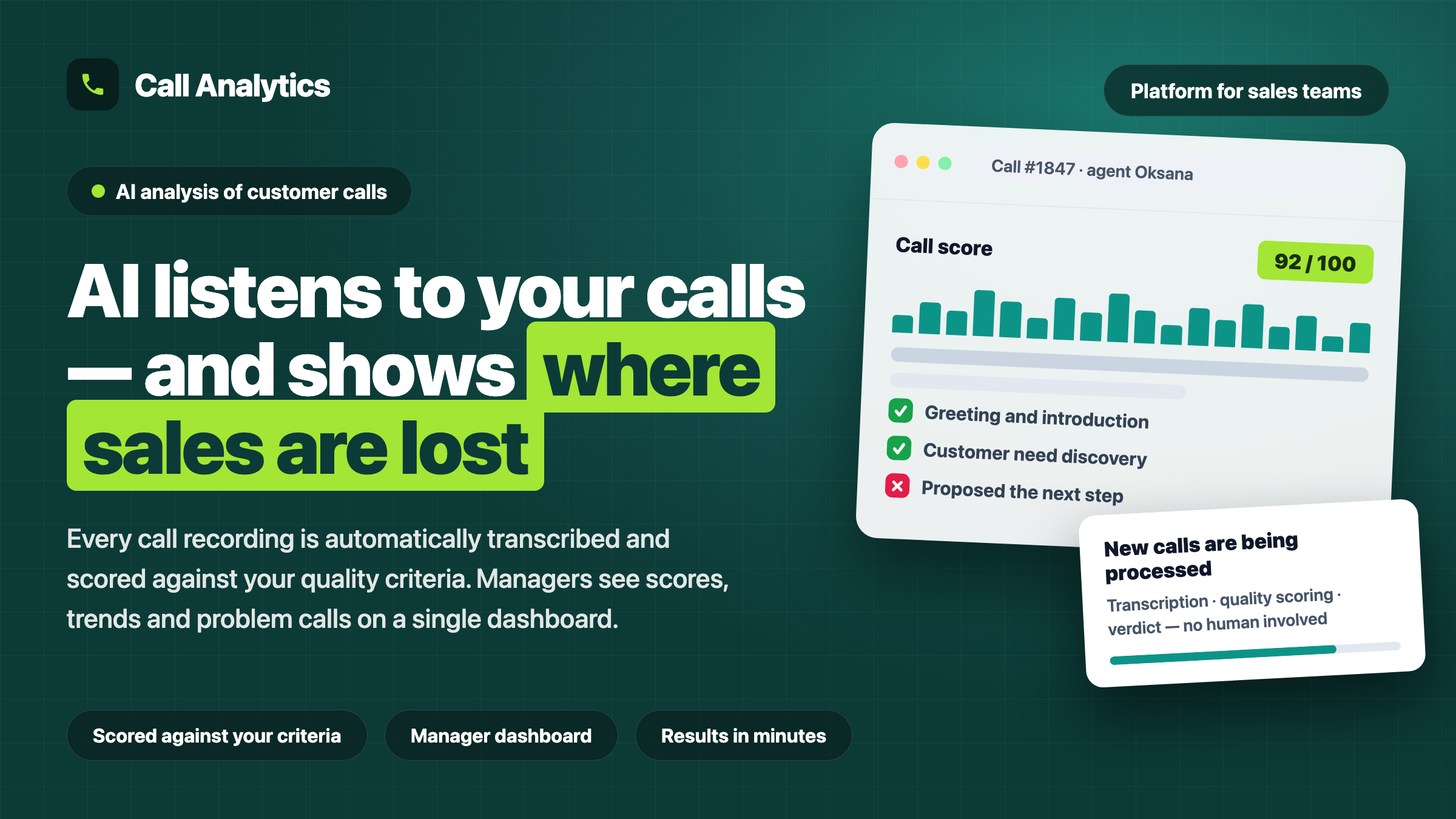 Call Analytics Platform — Automated Transcription & AI Quality Scoring for a Sales Call Center (Go)